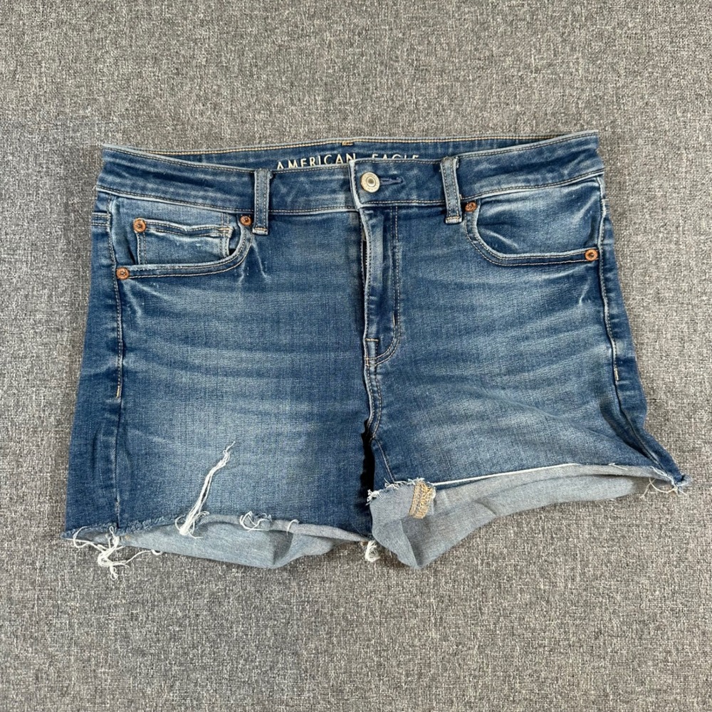 American‎ Eagle Next Level Stretch Denim Shorts Womens 6 Blue Distressed Raw Hem